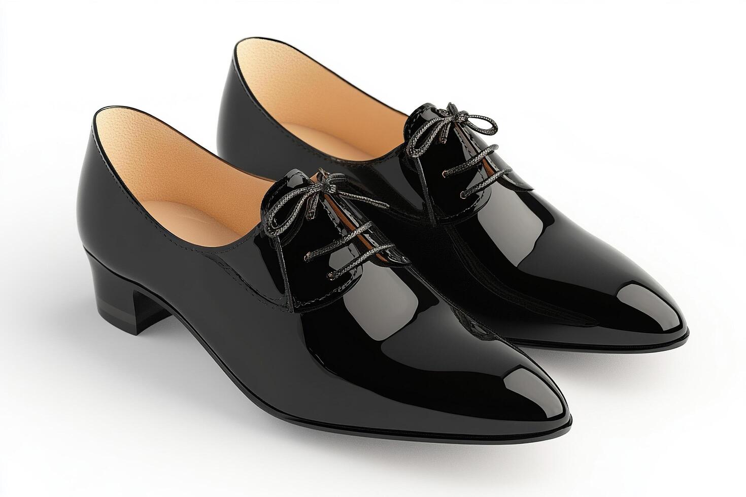 Women's patent black leather low heel shoes stand on a white background. Shoe design for women. photo