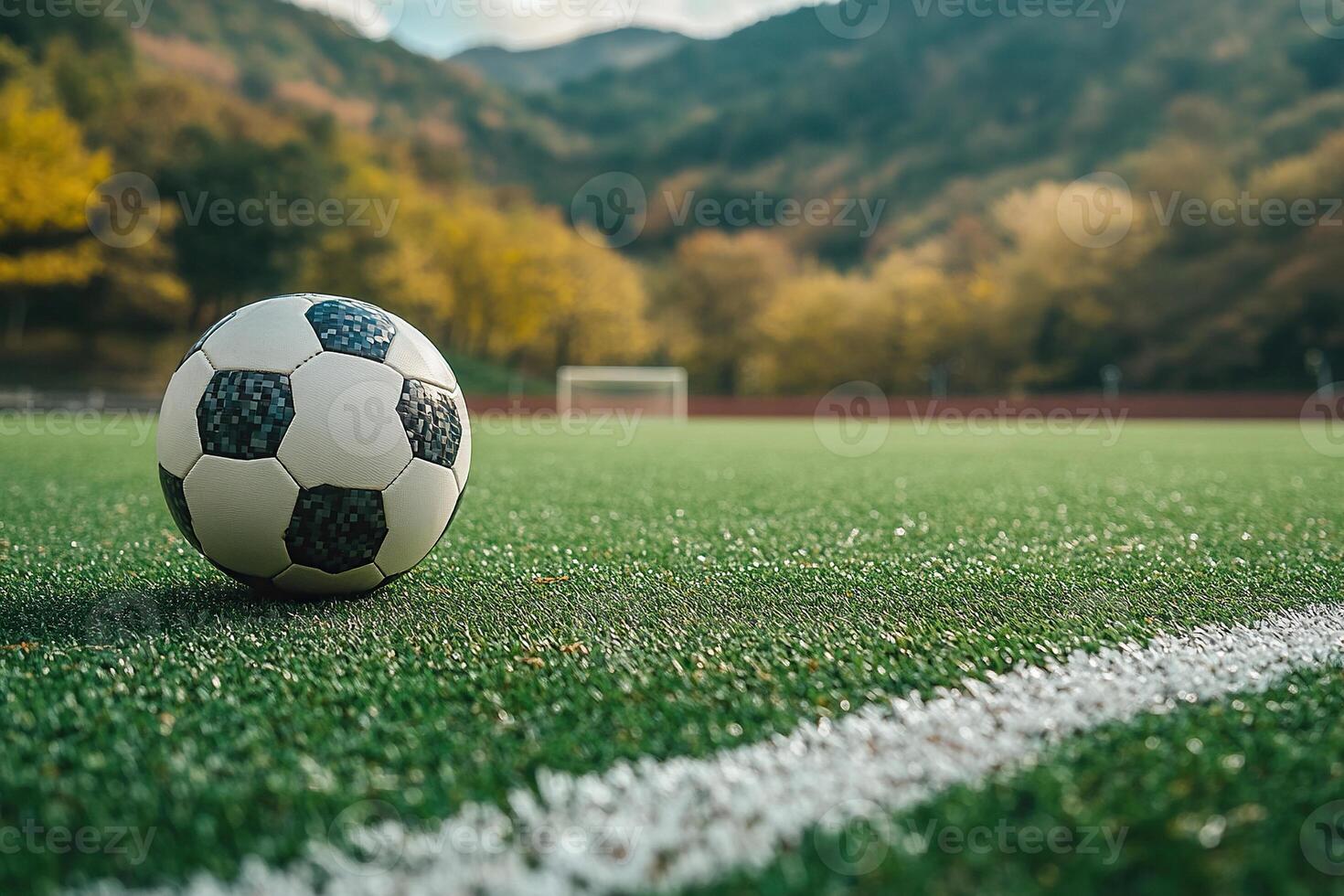 Close-up of a soccer ball on artificial turf of an outdoor soccer field. Generated by artificial intelligence photo