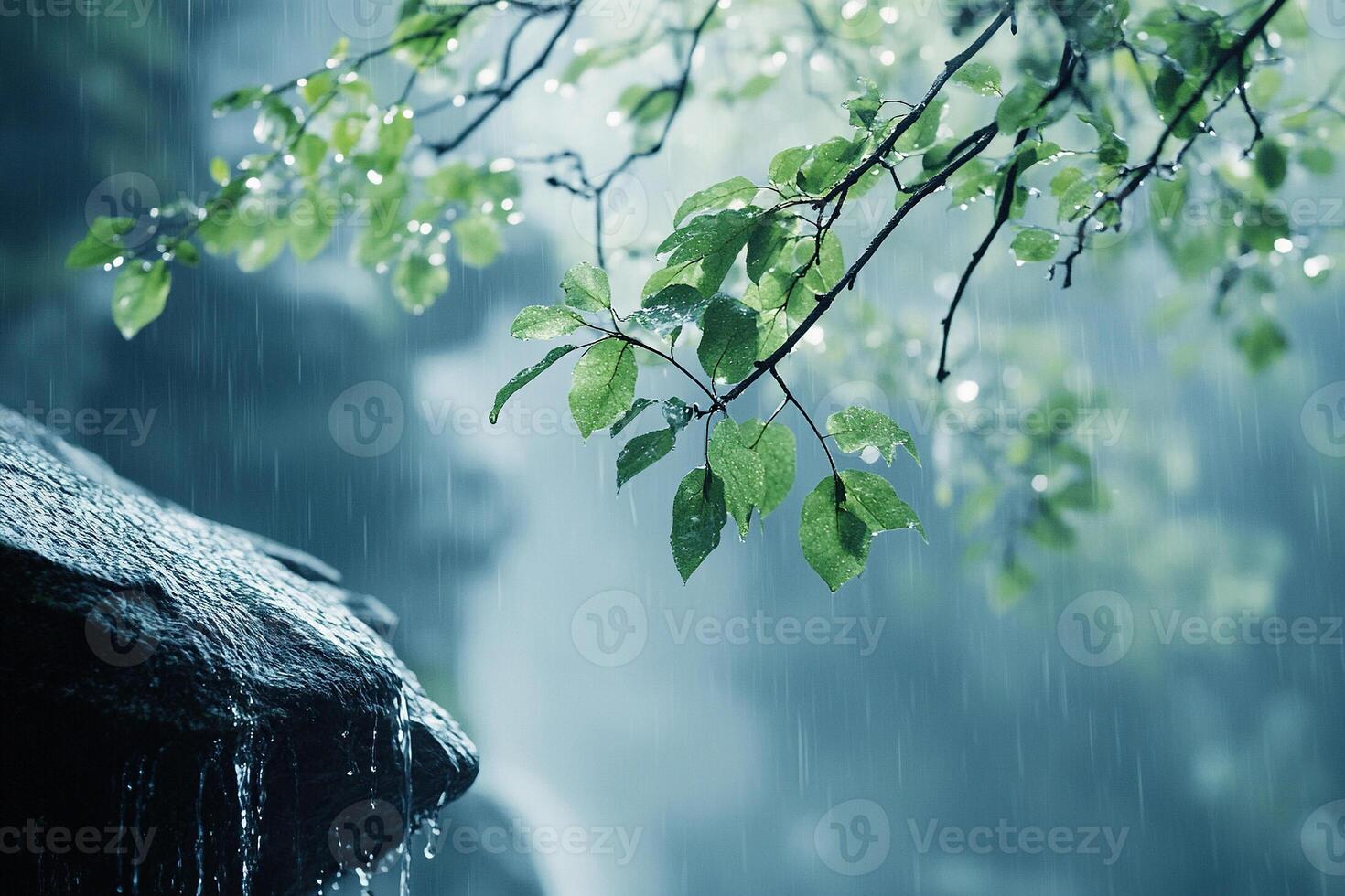 The tree branches bent over the rock in the pouring rain. photo