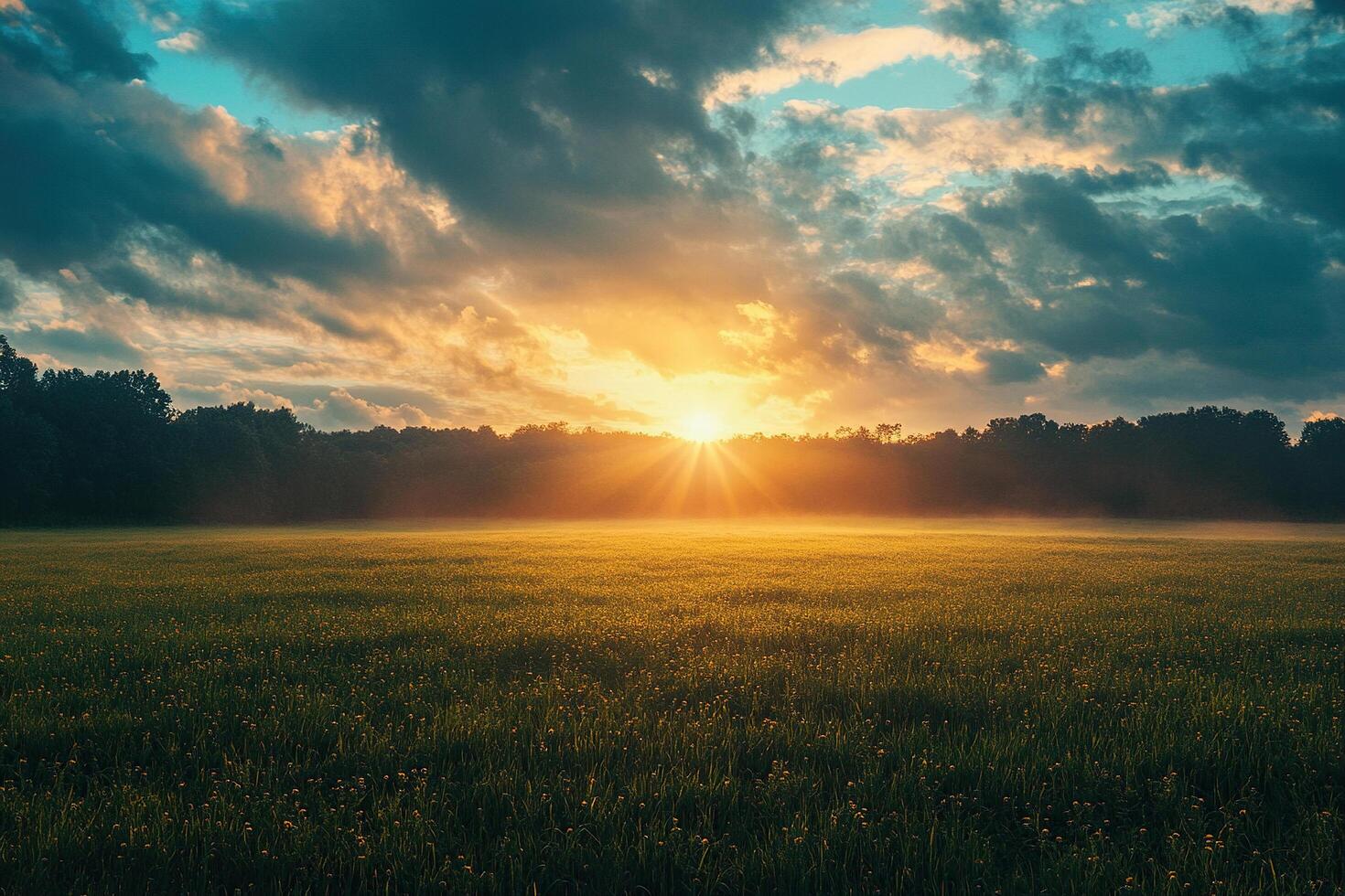 Dawn over field and forest in summer. Calm natural landscape photo