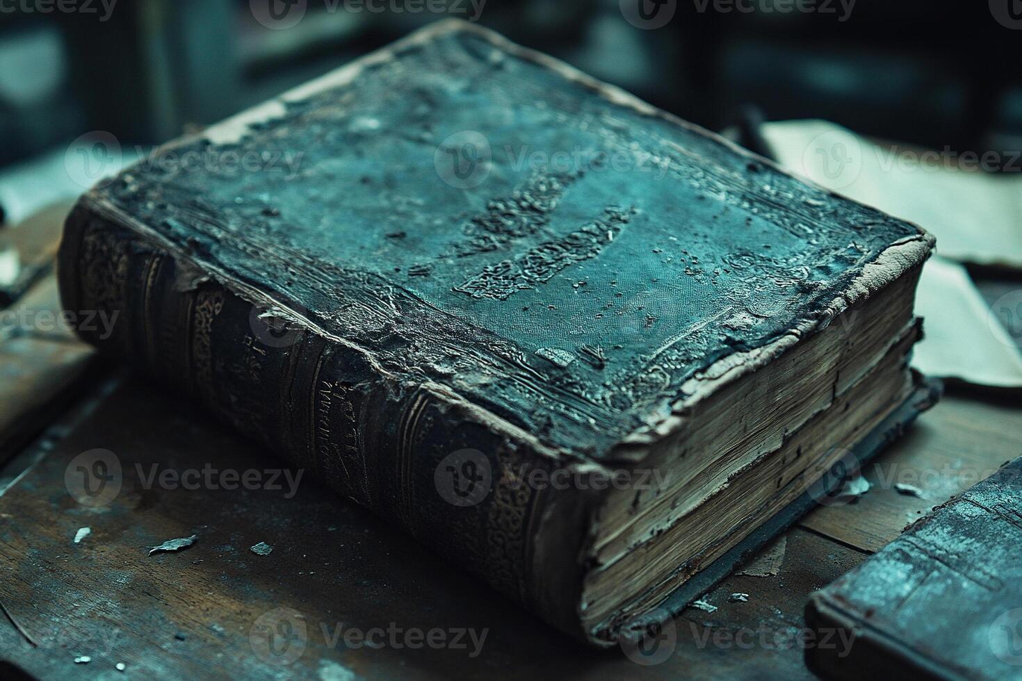 An old book in a worn leather binding. A magic book on a wooden tabletop. Generated by artificial intelligence. photo