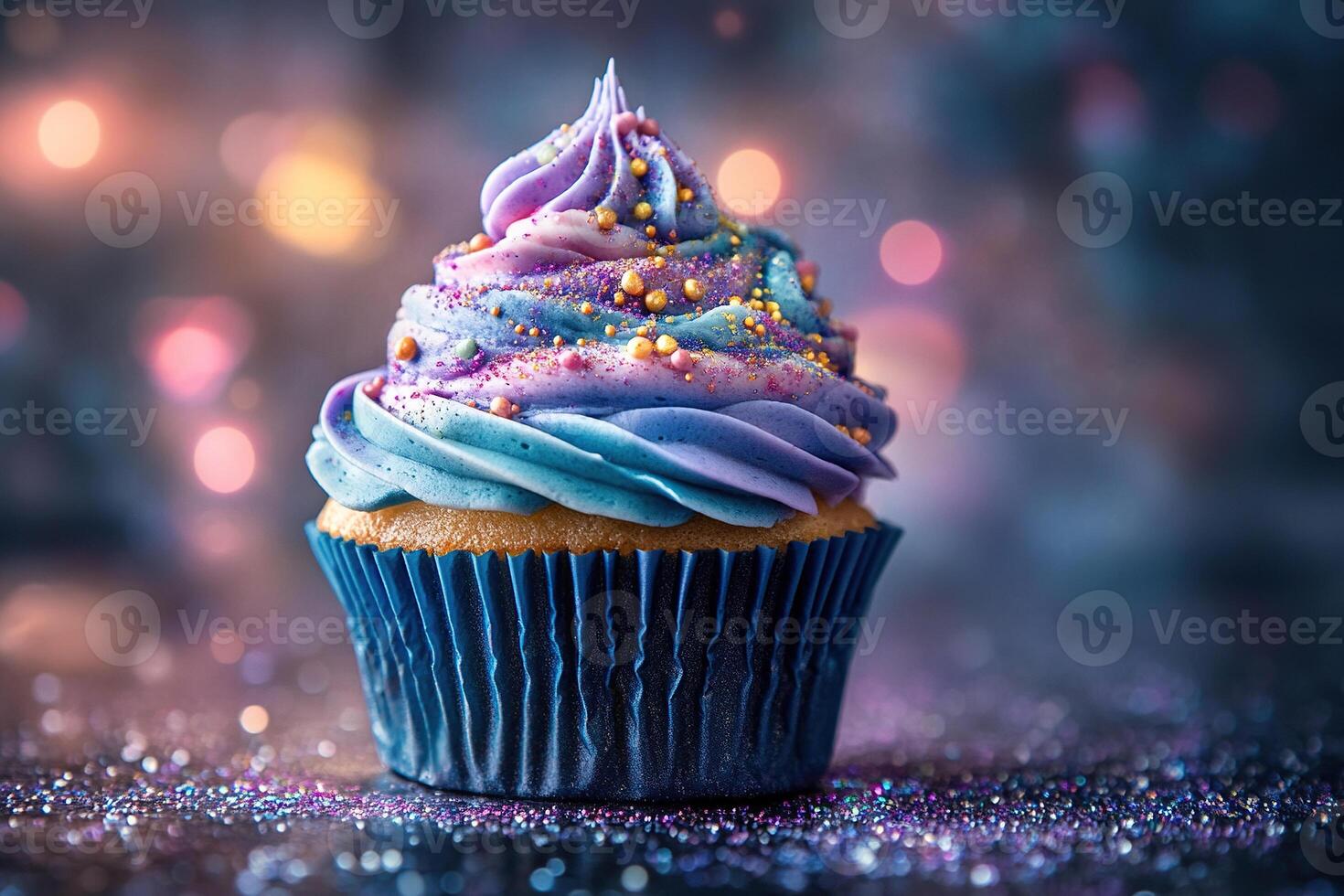 A festive cupcake with delicate purple cream and pearl topping stands on a table against a blurred background with bokeh. Generated by artificial intelligence photo
