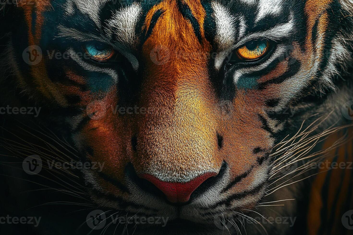 Close-up of a tiger looking at the camera against a dark background. Predator in the wild photo