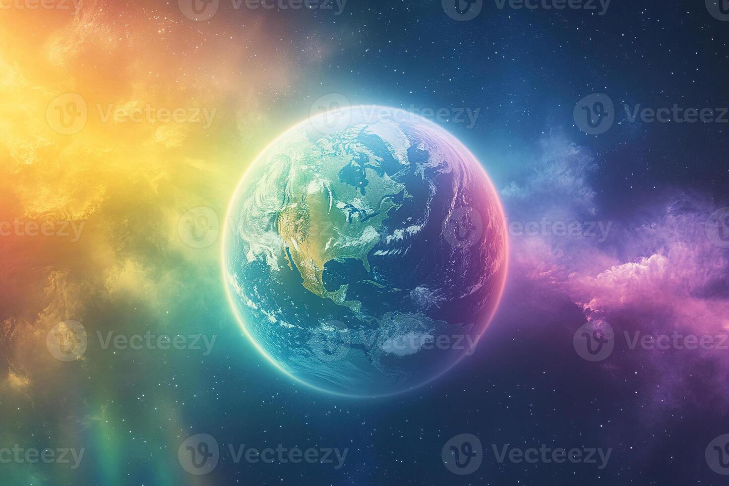 Rainbow shell around planet earth. Stars and clouds in the background. Fantastic image photo