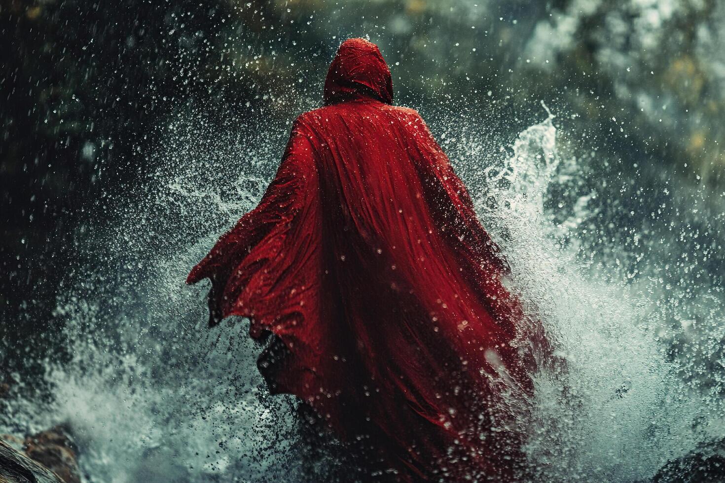 Silhouette of a man in a red hooded cloak against the background of pouring rain and splashes of water. photo