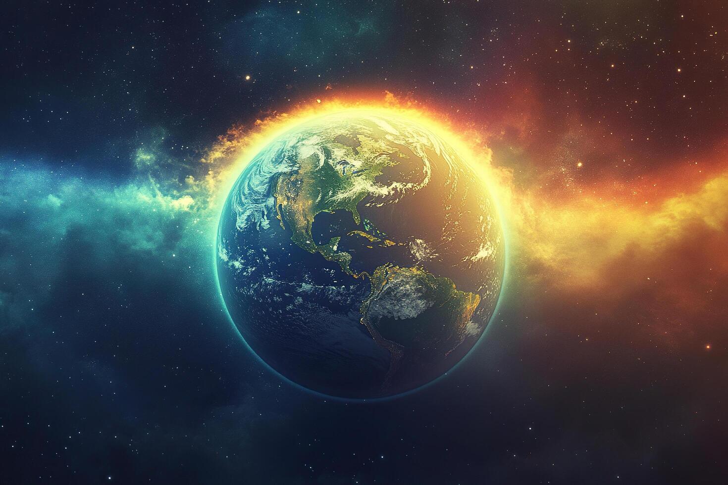 Planet earth is surrounded by bright light and cloudy smoke among the stars of space. Earth Day. photo