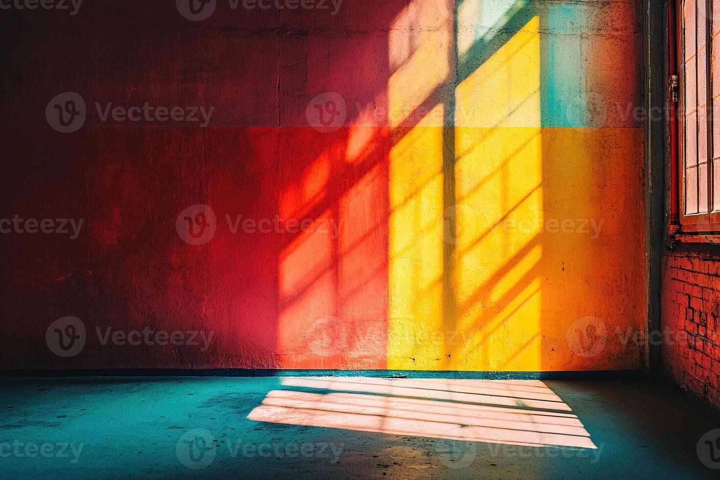 Sunlight from a barred window falls on a yellow and pink concrete wall. Empty concrete room. Generated by artificial intelligence. photo