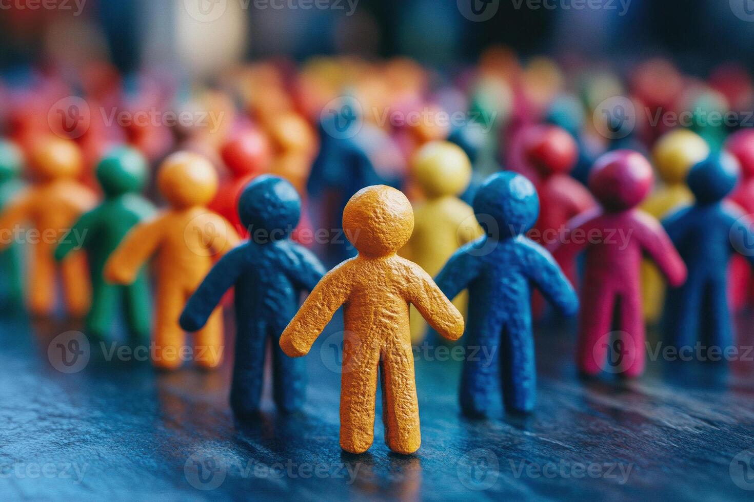 Side view of wooden figures of people of different colors. Individuality, uniqueness, leadership and difference concept photo