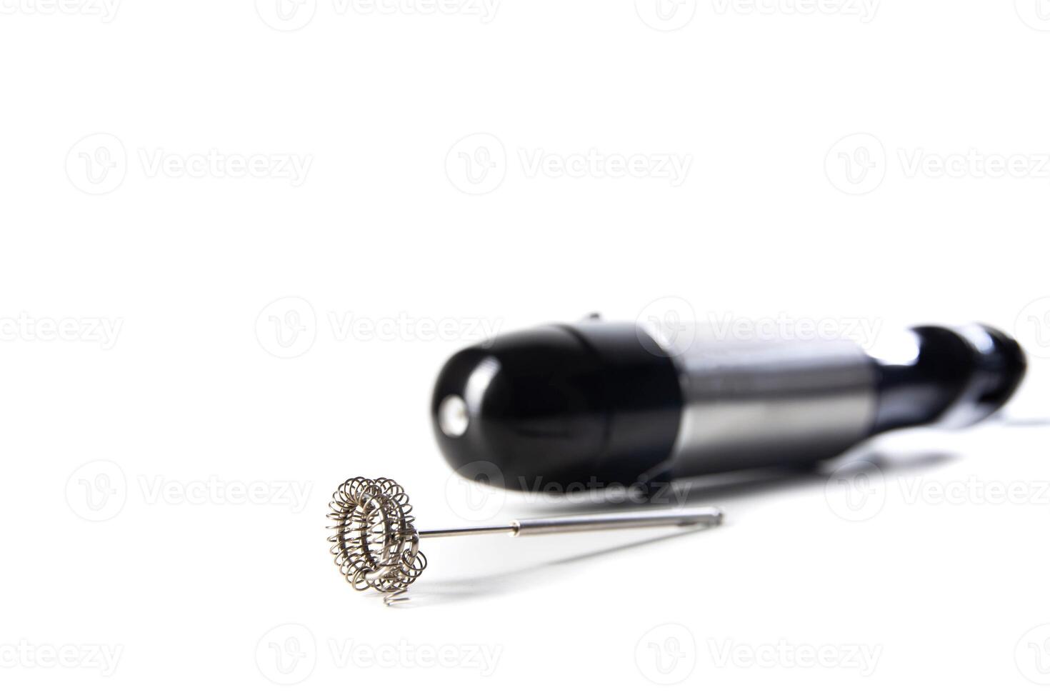 Modern immersion blender with a cappuccino maker attachment on a white background, isolate. Copy space for text photo