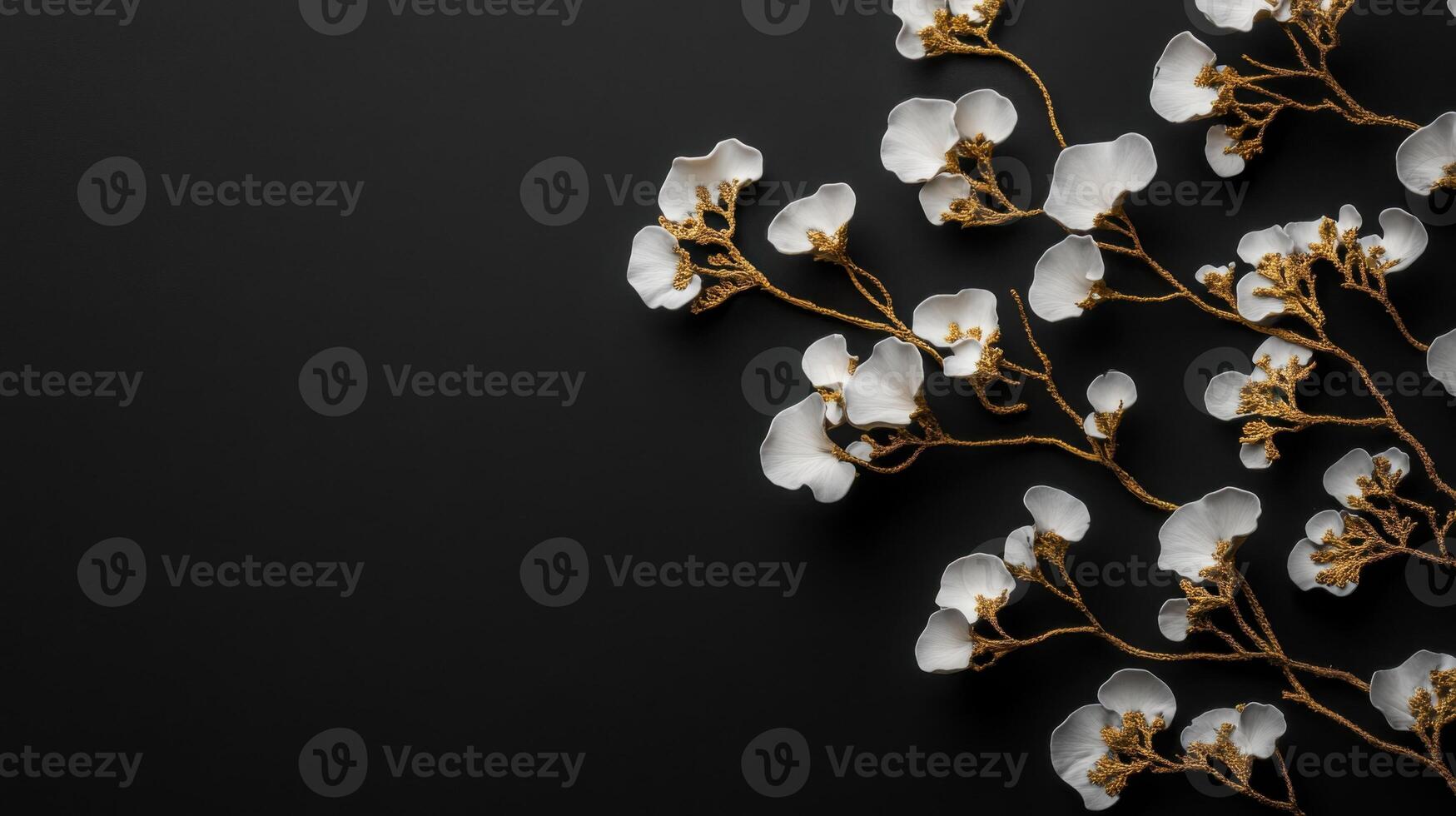 Common Freckle Pelt lichen in black and gold colors on dark matte background, premium botanical wallpaper with lichens and flowers photo