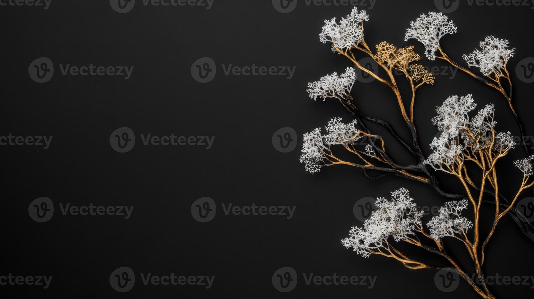 Jelly lichen in black and gold colors on dark matte background photo