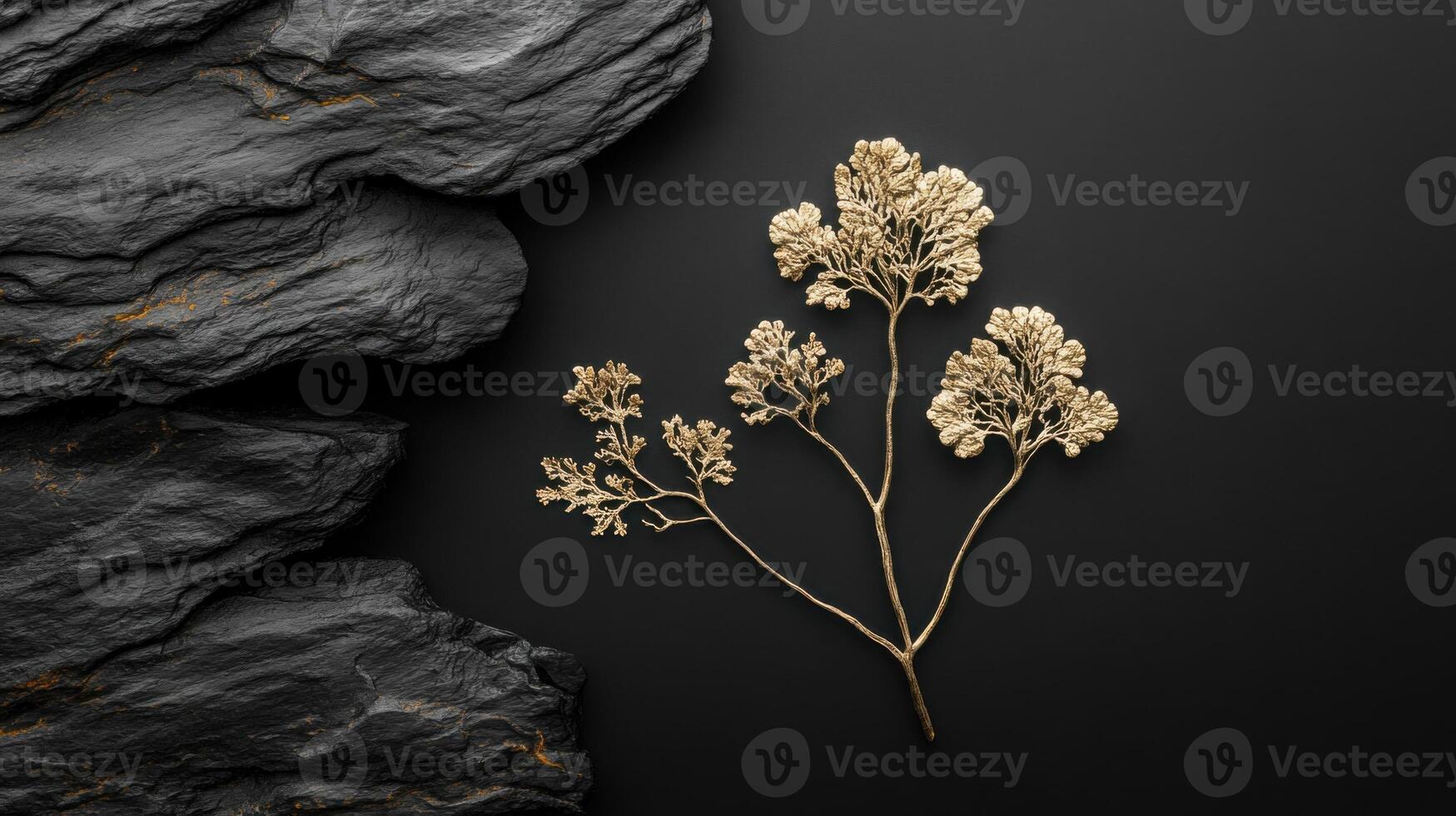 Icelandic Moss lichen in black and gold colors on dark matte background, premium botanical wallpaper with lichens and flowers photo
