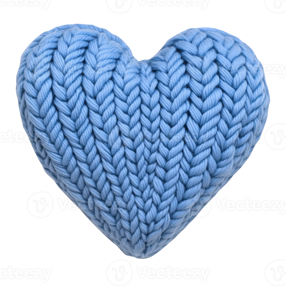 3d Light blue merino wool giant knit valentine heart cozy resting cutout isolated on transparent background surface, radiating softness texture png