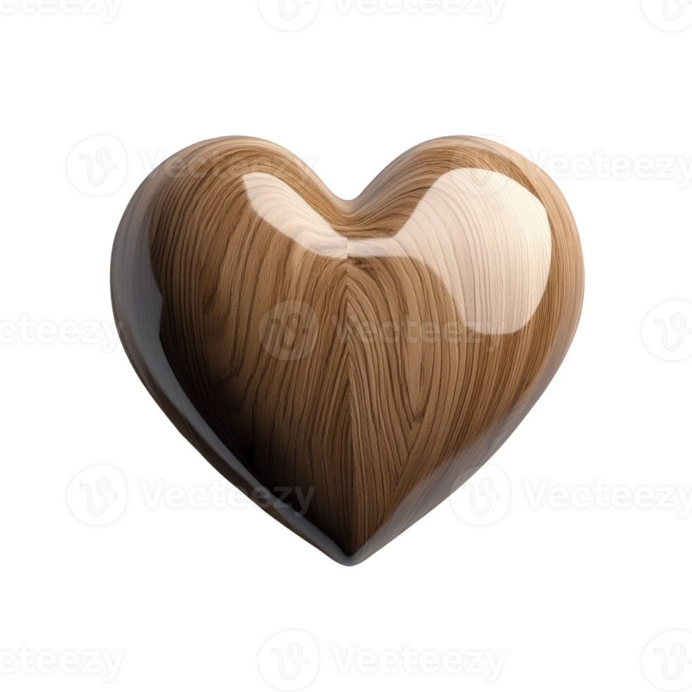 3d Wooden heart with glossy surface, revealing intricate grain patterns and smooth crafting artistry, valentine love isolated on clear backdrop png