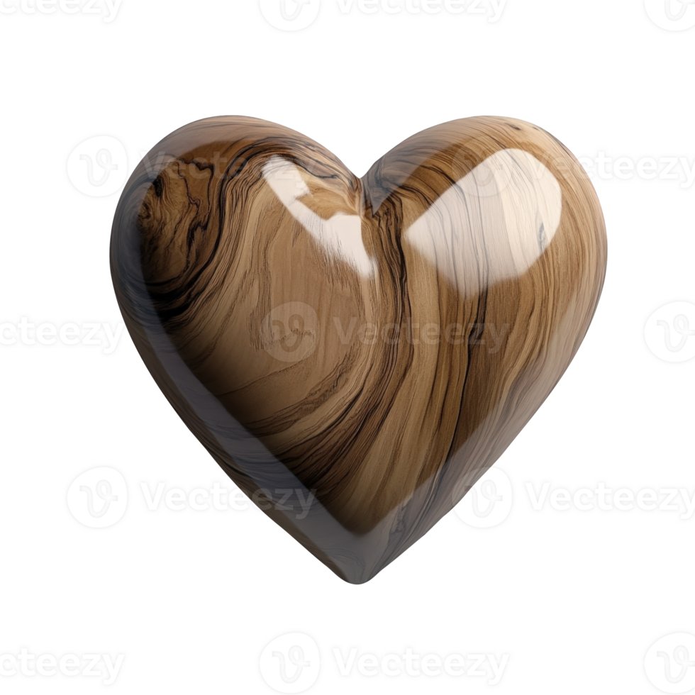 3d Wooden symbol heart with glossy surface, revealing intricate grain patterns and smooth crafting artistry, valentine love isolated on clear backdrop png
