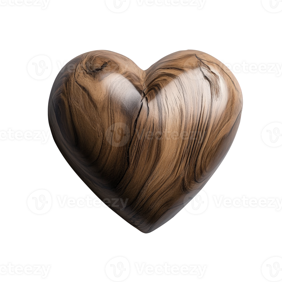 3d Wooden heart with glossy surface, intricate grain patterns and smooth crafting artistry, valentine love cutout isolated on a transparent background png