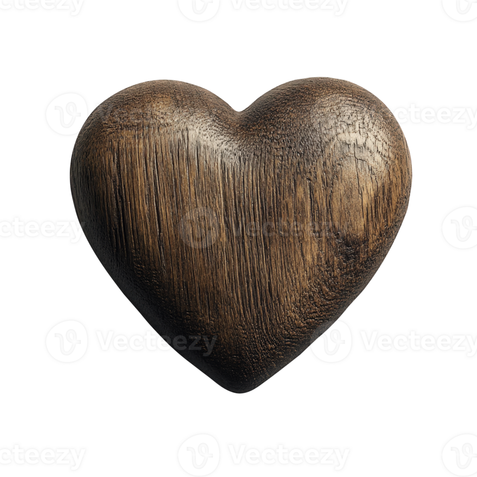 3d Polished vintage wooden heart valentine love representing romantic sentiment, floating against pure cutout isolated on a transparent background png