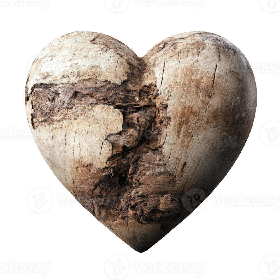 3d Weathered wooden heart revealing organic textures, natural splits highlighting rustic romance valentine love against cutout isolated on transparent background png