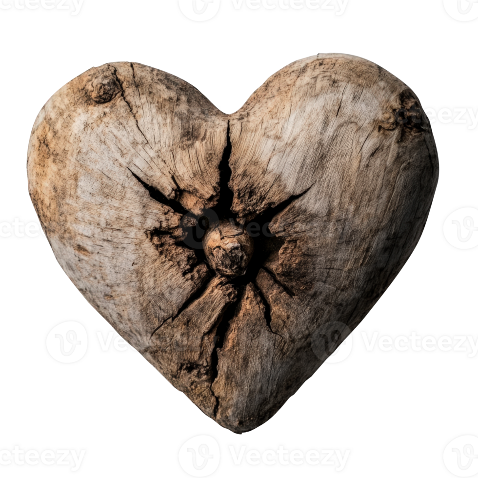 3d Weathered wooden heart revealing organic textures, natural splits highlighting rustic romance valentine love against transparent backdrop png