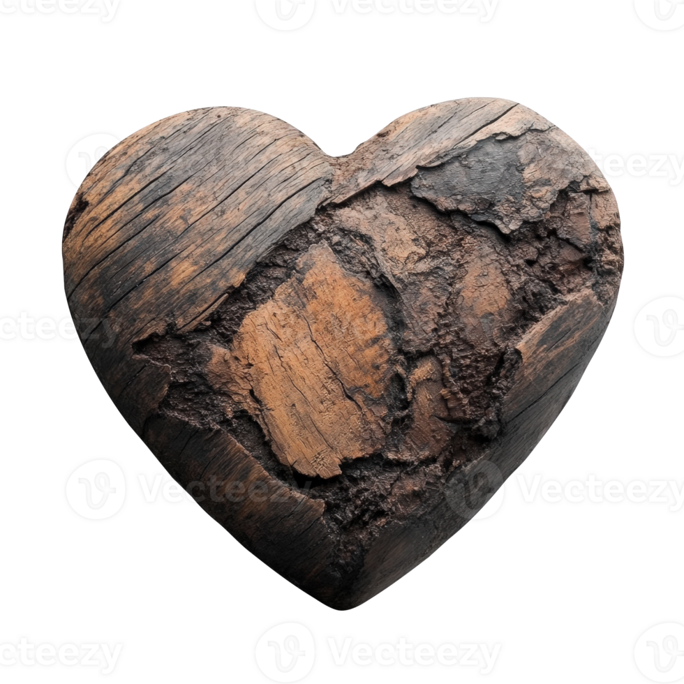 3d Weathered wooden heart displaying natural grain, warm highlighting romantic rustic charm valentine love against cutout isolated on a transparent background png