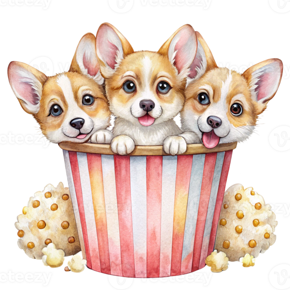 three corgis in a popcorn bucket with popcorn png