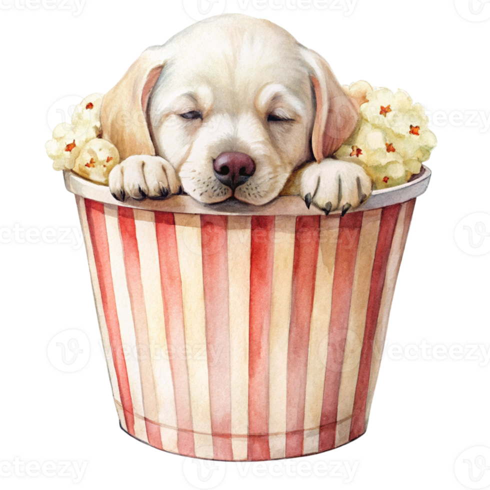 a dog is sleeping in a popcorn bucket with popcorn png