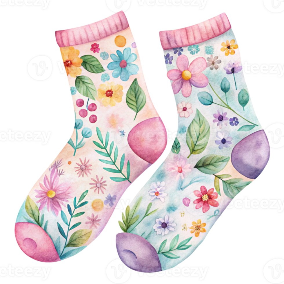 Watercolor socks with flowers and leaves png