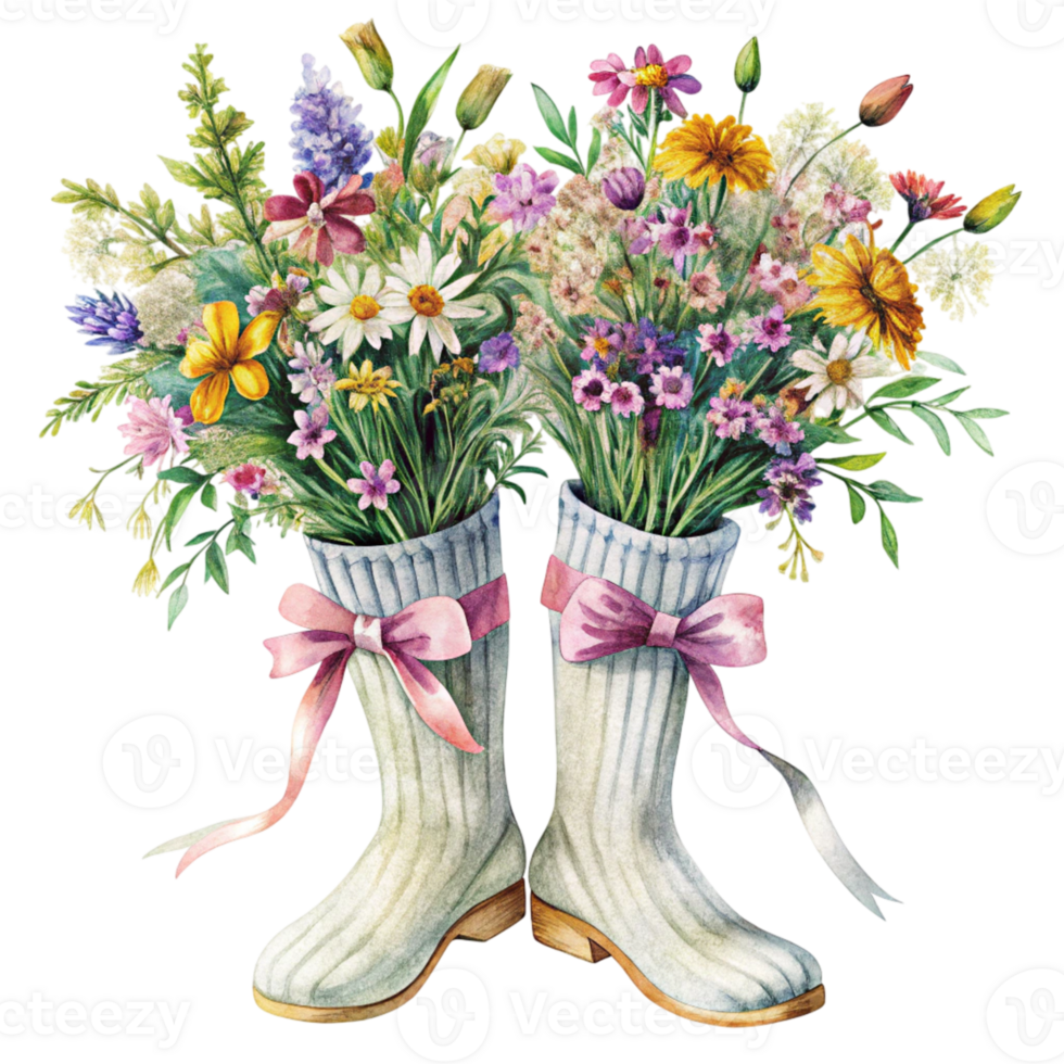 A painting of two pairs of boots with flowers png