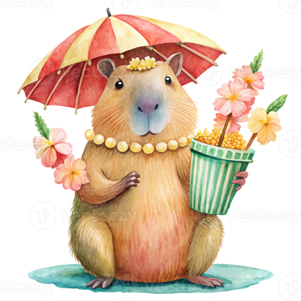A capybara holding a bucket of popcorn and flowers png