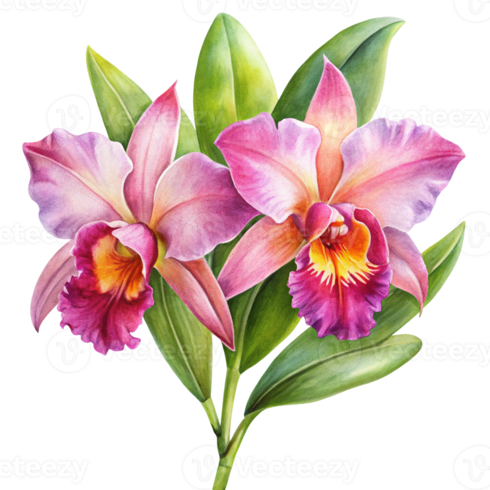 Watercolor painting of two orchids on a black background png