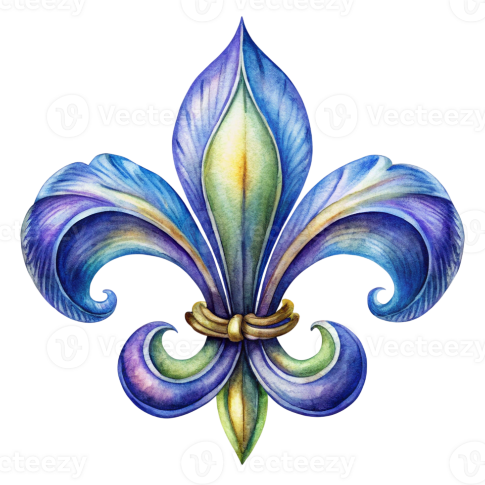 Watercolor illustration of a blue and purple fleur de lis png