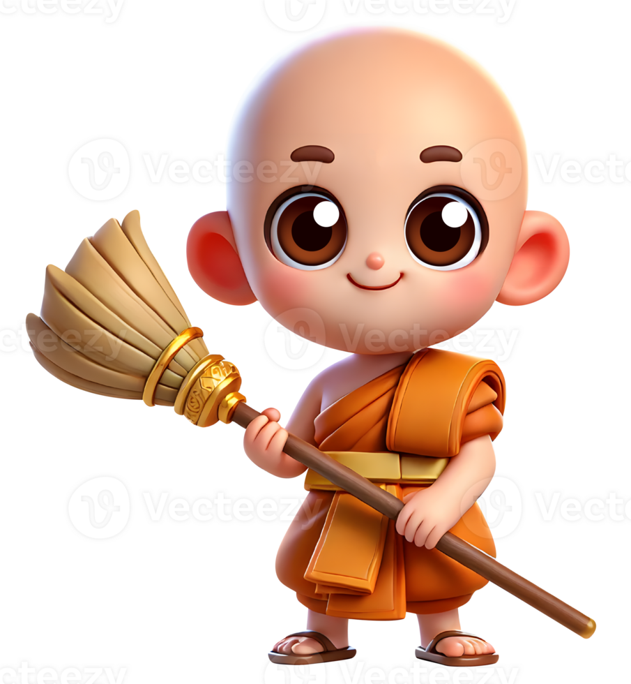 Cheerful Cartoon Monk Holding a Broom png