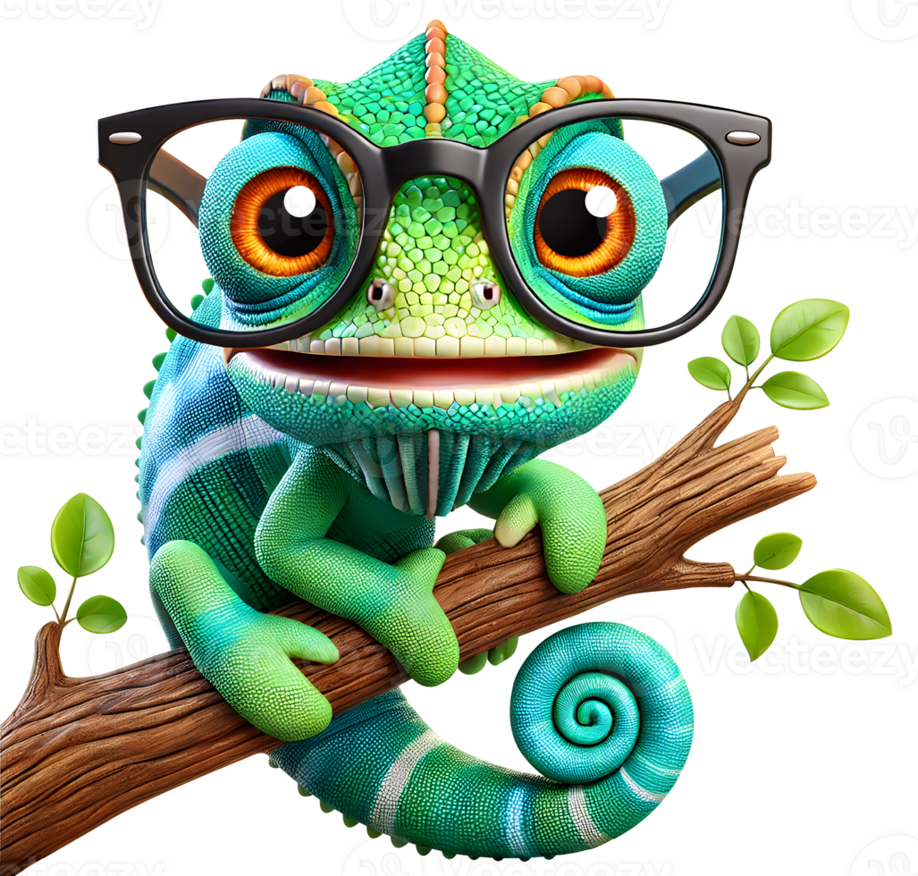 Adorable Chameleon with Glasses on a Branch png