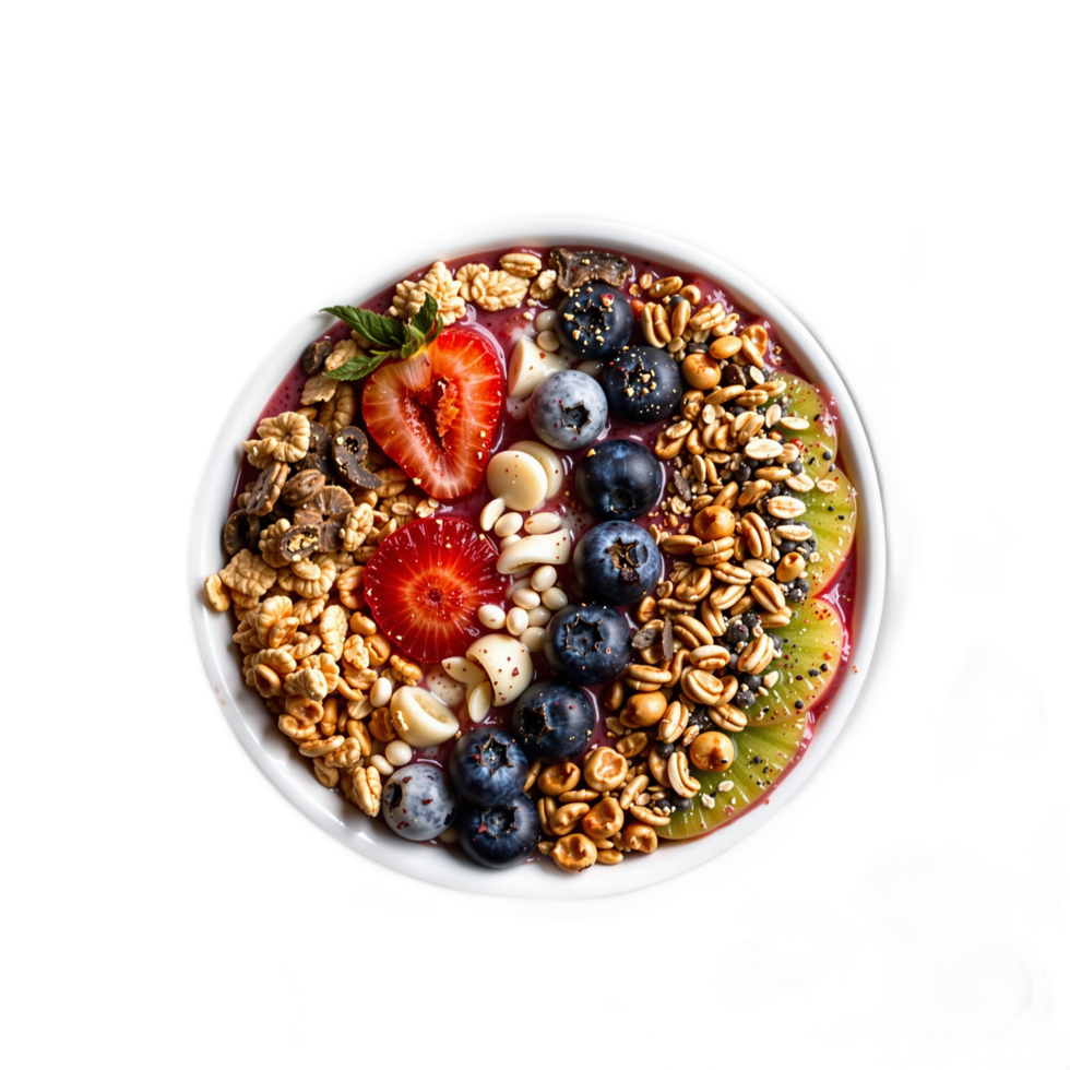 Colorful Healthy Breakfast Bowl with Fruits and Granola Toppings png
