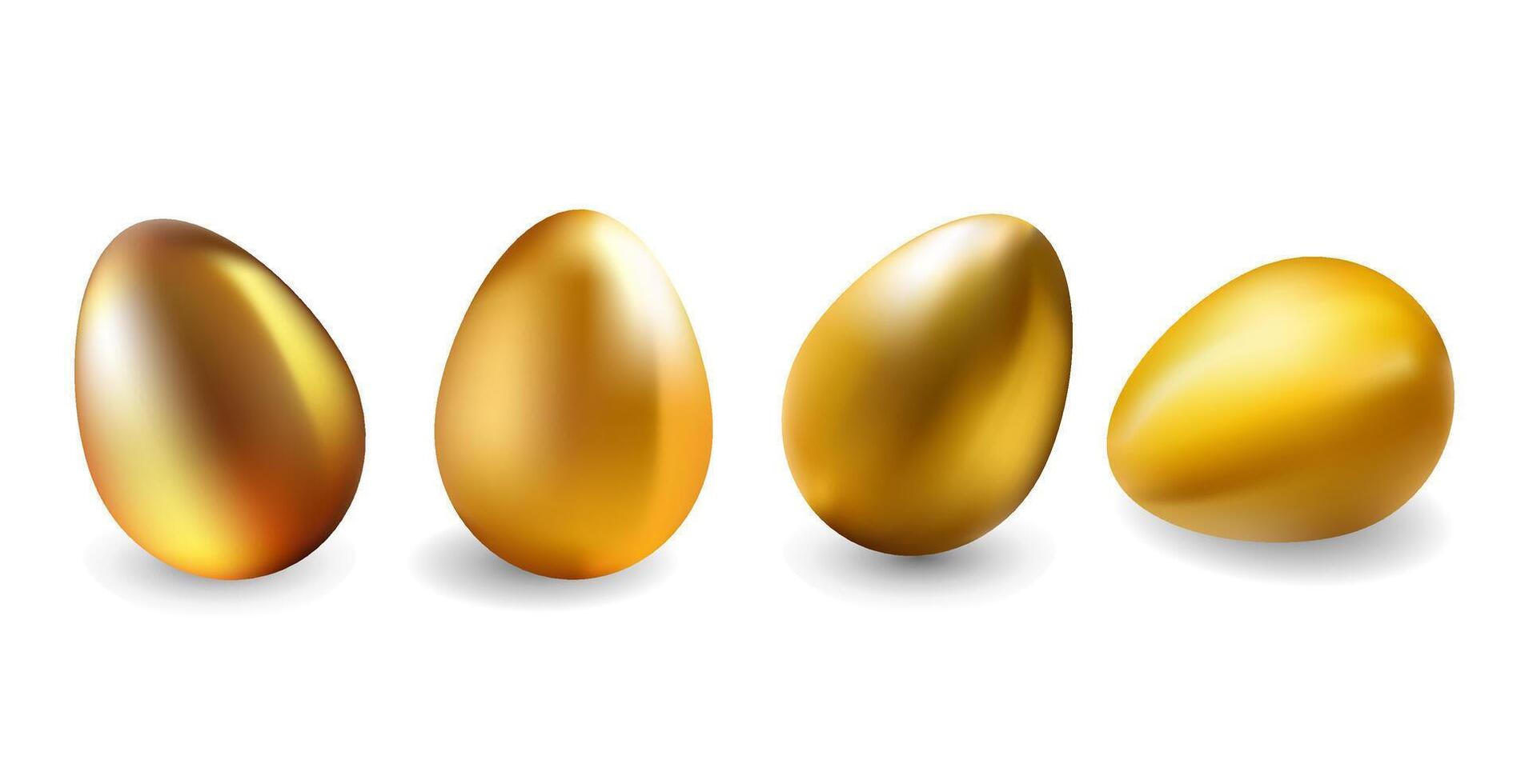 Glossy Gold eggs 3D set for holiday and financial themes. Realistic golden eggs collection for Easter and wealth concepts.Easter designs, financial concepts, luxury branding, and advertisements. vector