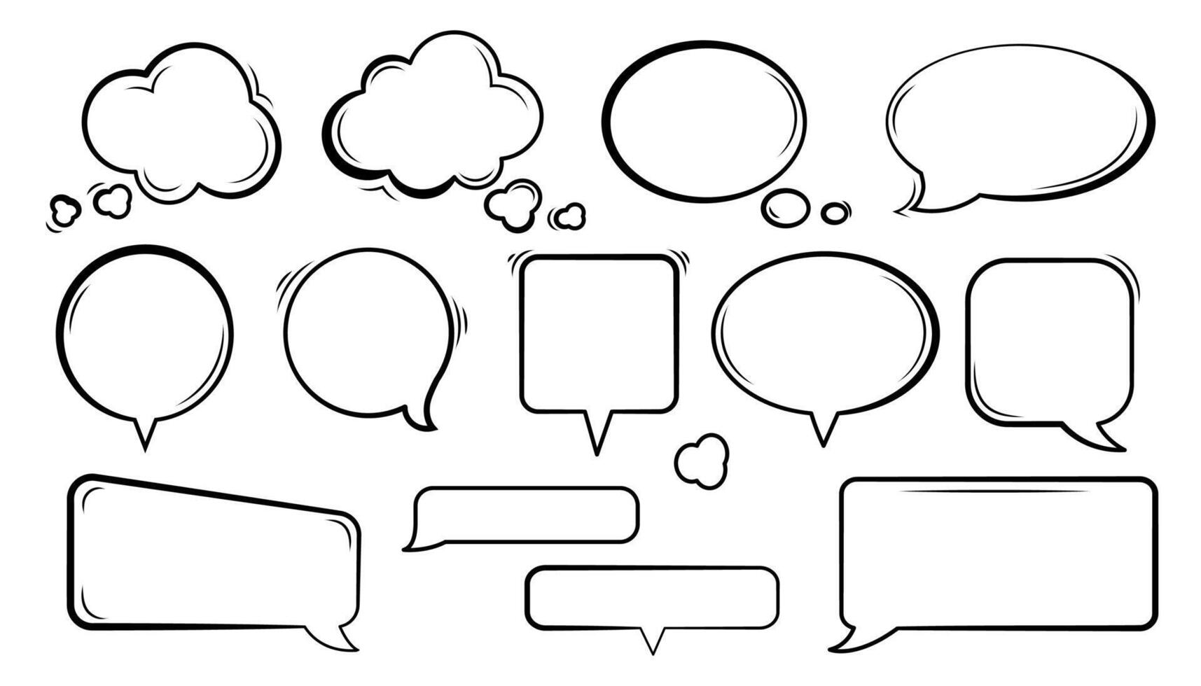 Hand Drawing speech and thought bubbles set in black and white, featuring various shapes and styles. Ideal for comic strips, digital illustrations, design projects, and creative templates. vector