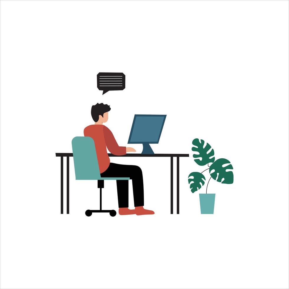 A simple, flat illustration of a person sitting at a desk working on a computer. vector