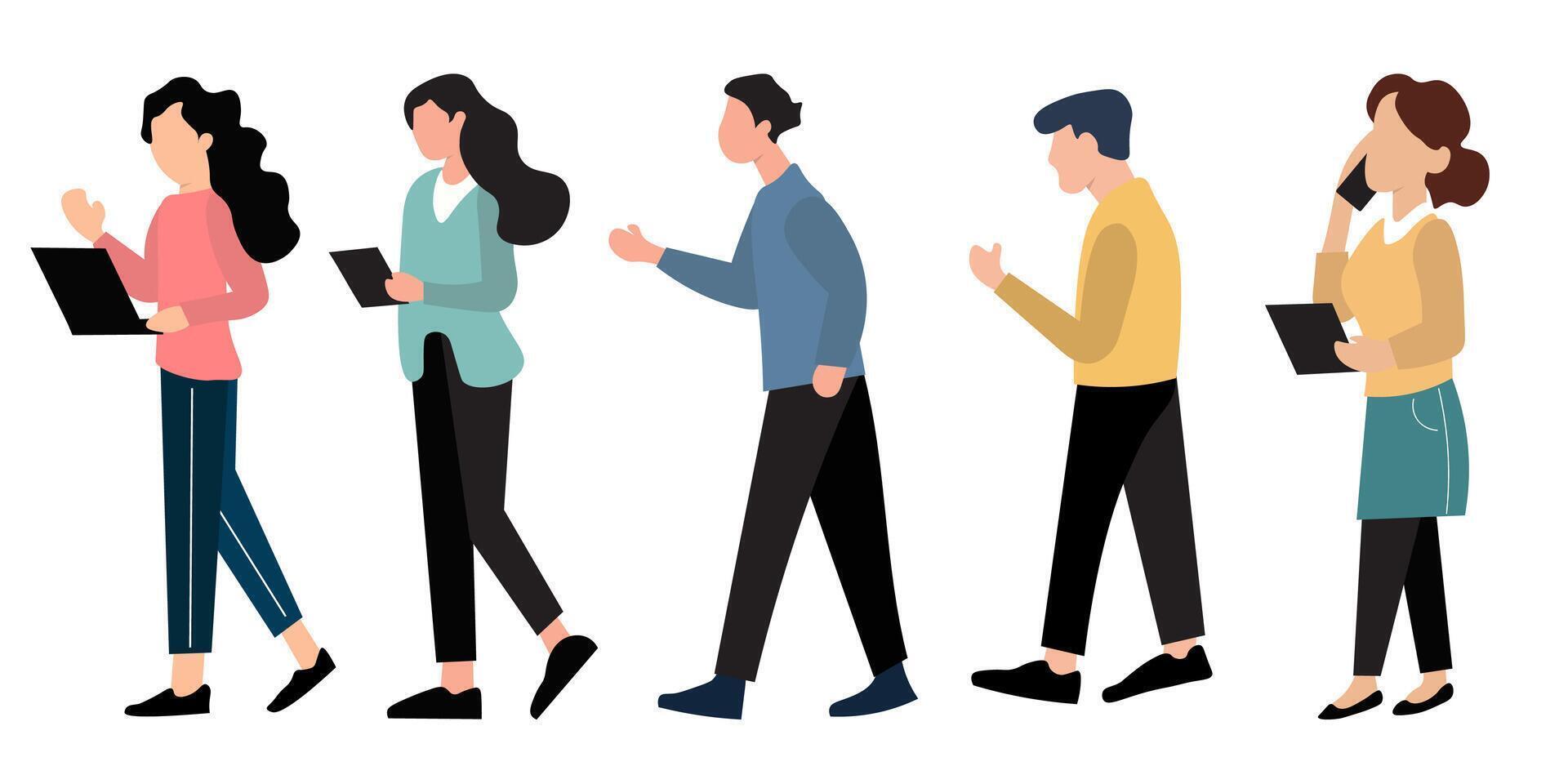 Flat illustration of five business professionals, walking and engaged in various activities, like working on laptops, talking on phones, and carrying documents. vector