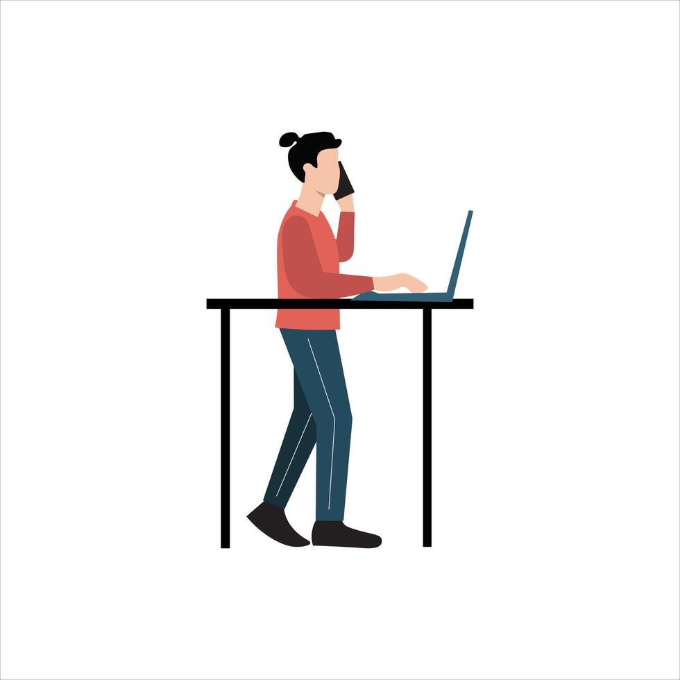 A stylized illustration of a person working at a standing desk, engaged in a phone call while using a laptop. vector