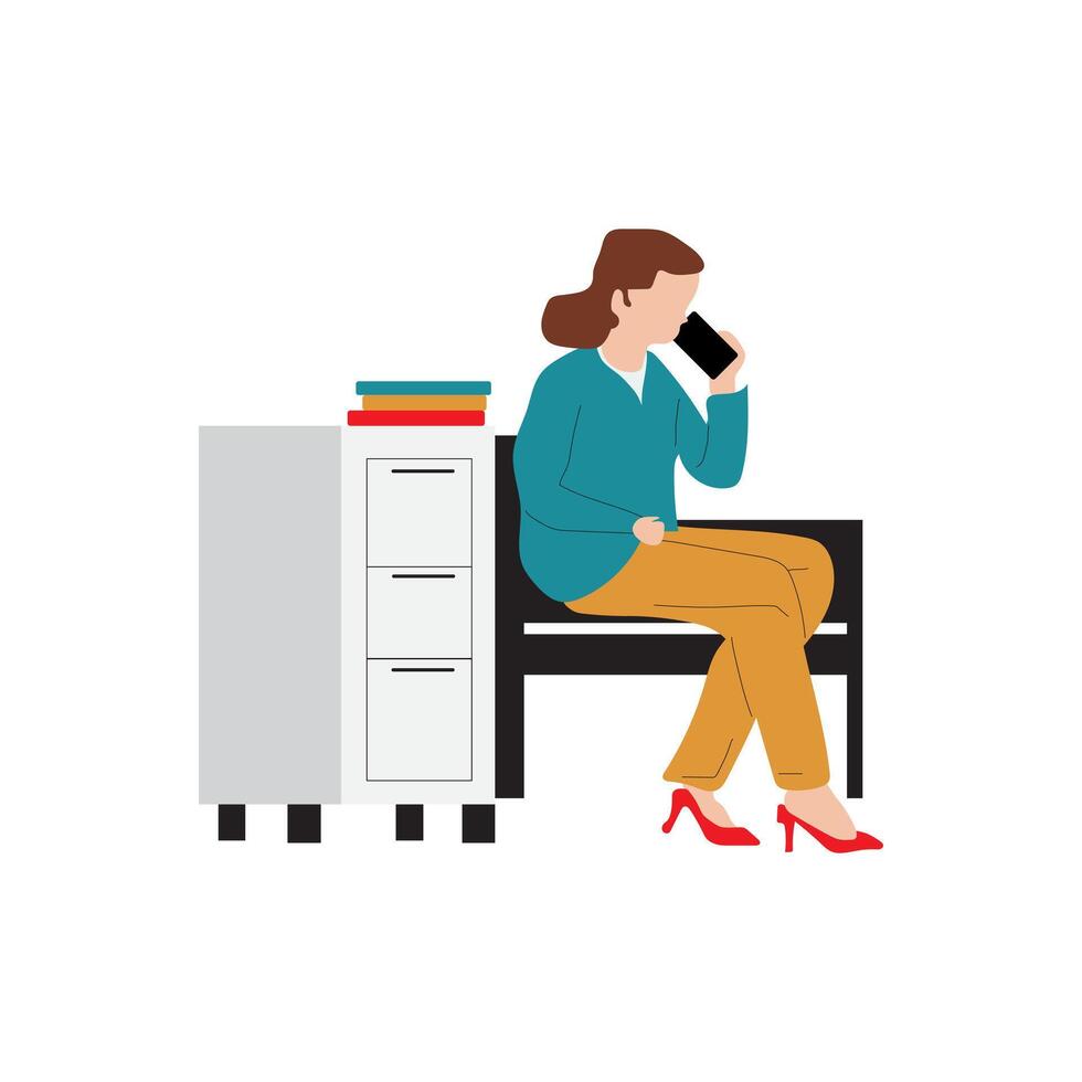 A woman is seated on a bench in an office setting, engaged in a phone conversation. vector