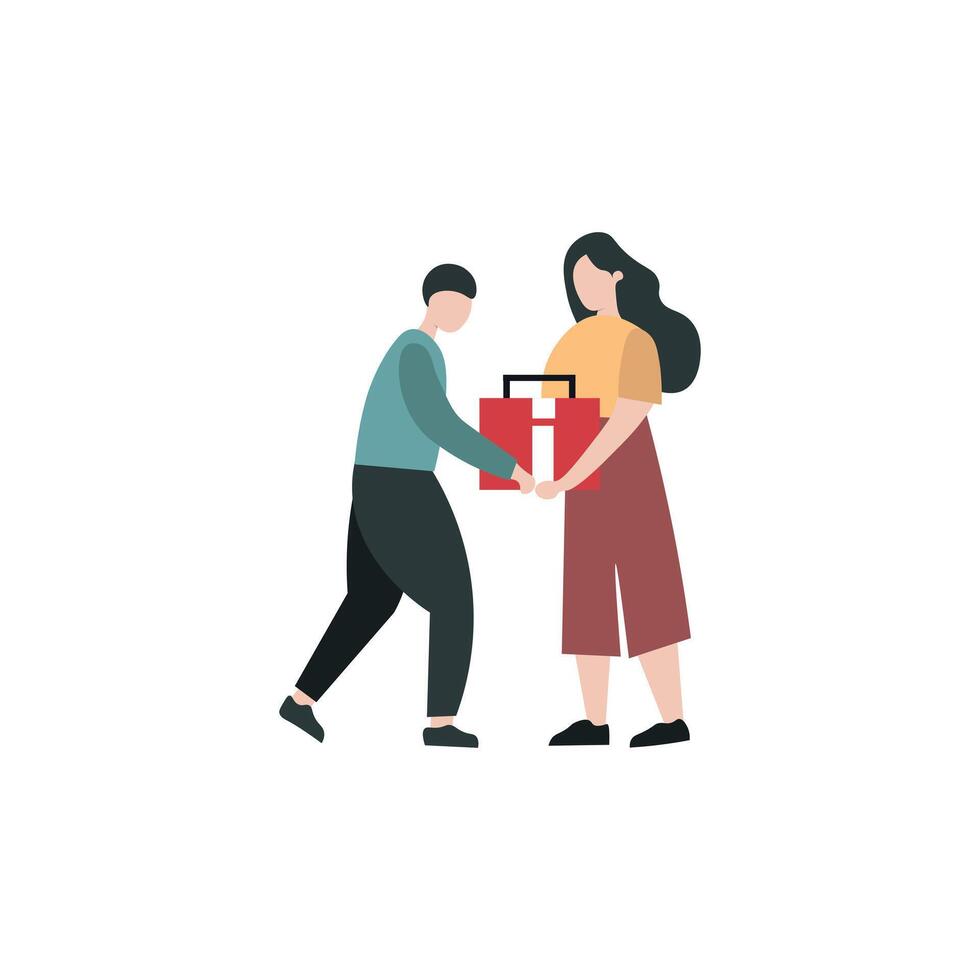 A simple, flat-design illustration depicts a man handing a red box to a woman. vector