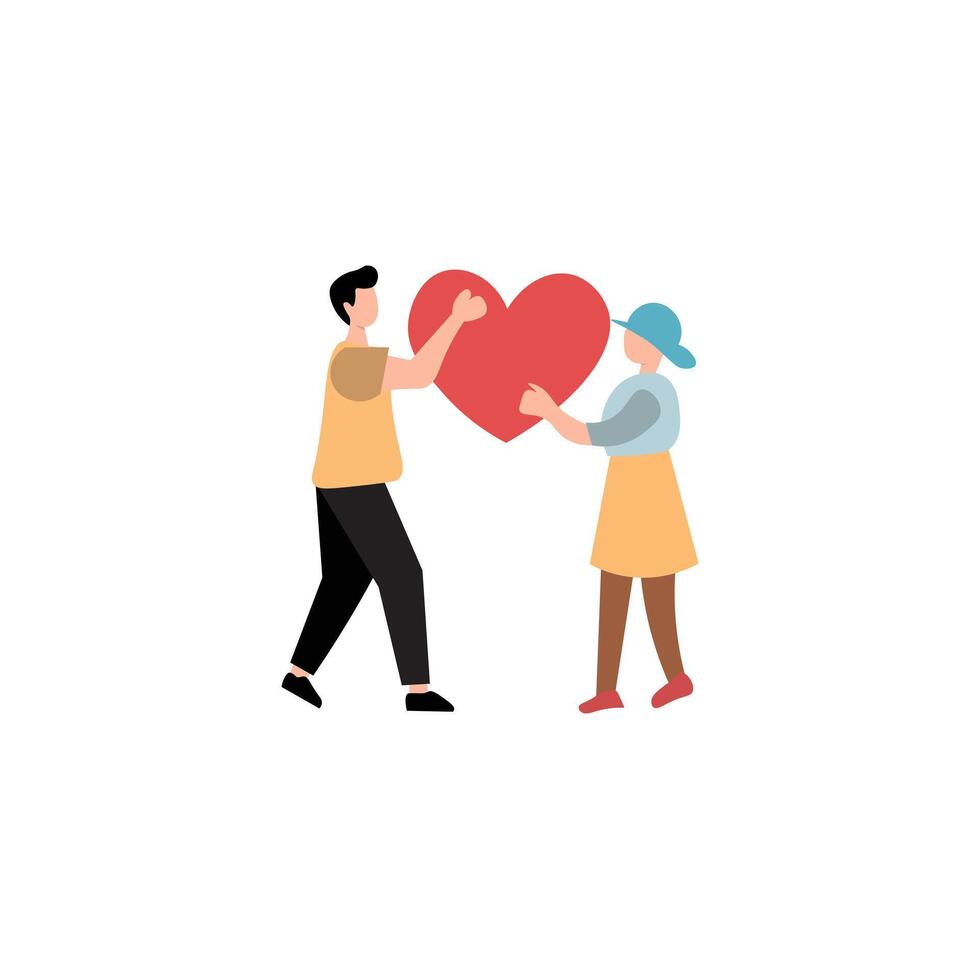 A simple, flat-design illustration depicts a man and a woman holding a large red heart between them. vector