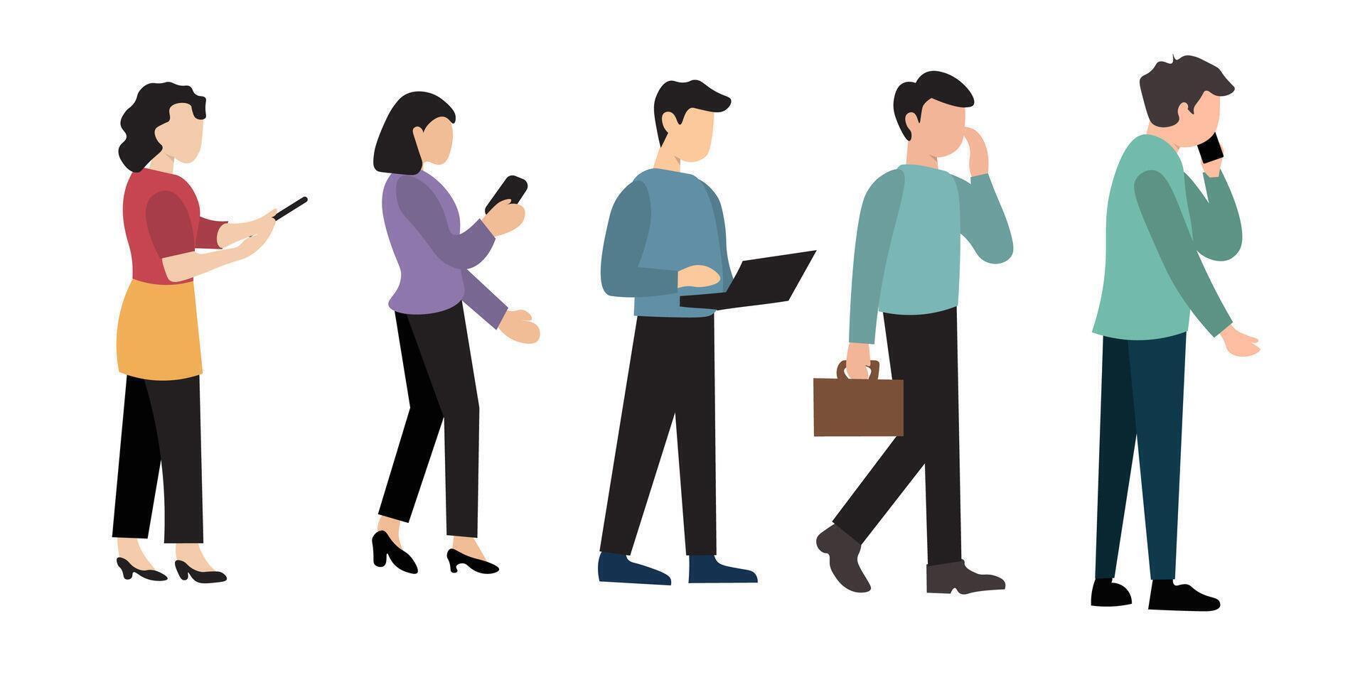 Flat illustration of five people engaged in various digital interactions. vector