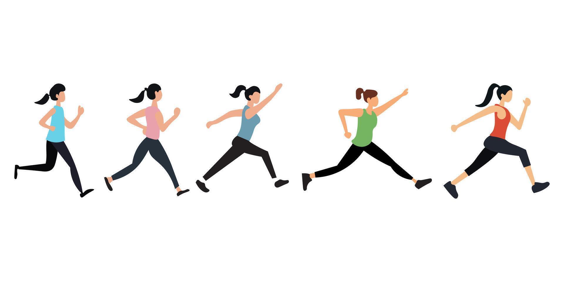This illustration showcases a group of women engaged in various running poses. vector