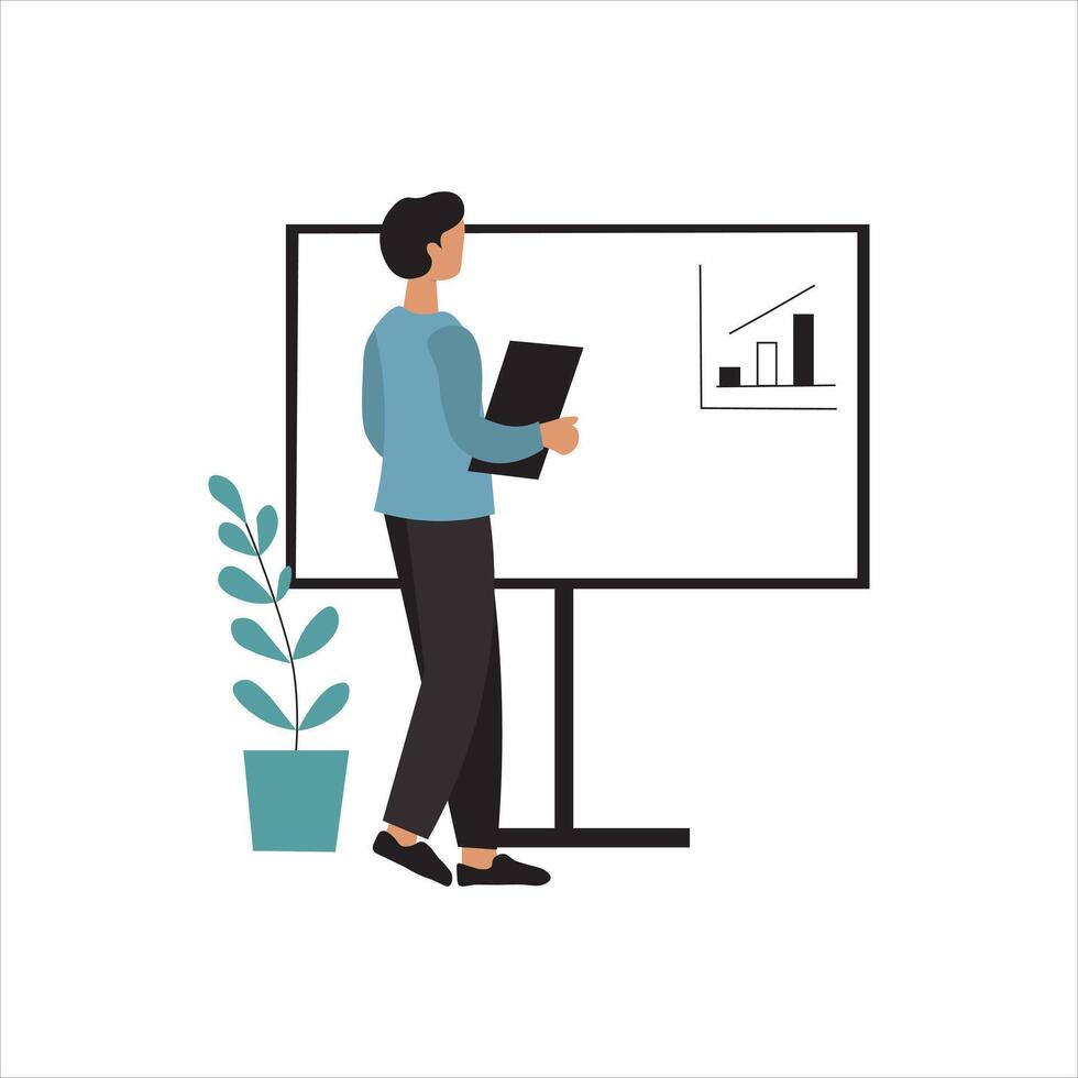 A stylized illustration of a man giving a presentation, standing in front of a whiteboard displaying bar graphs. vector