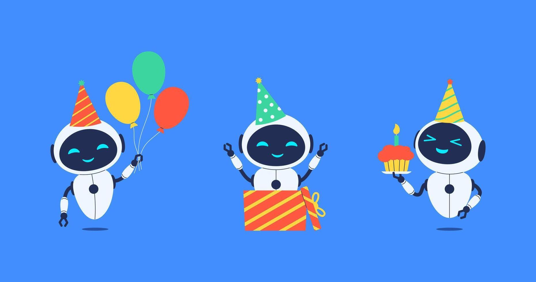Set of smiling robots celebrating birthday. illustration for AI, celebration or tech themed designs vector