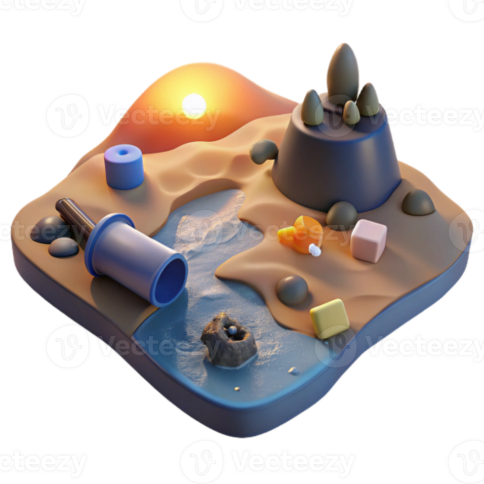 Sunset Beach Island Render Illustration Miniature Landscape with Stream, Rocks, and Geometric Shapes png