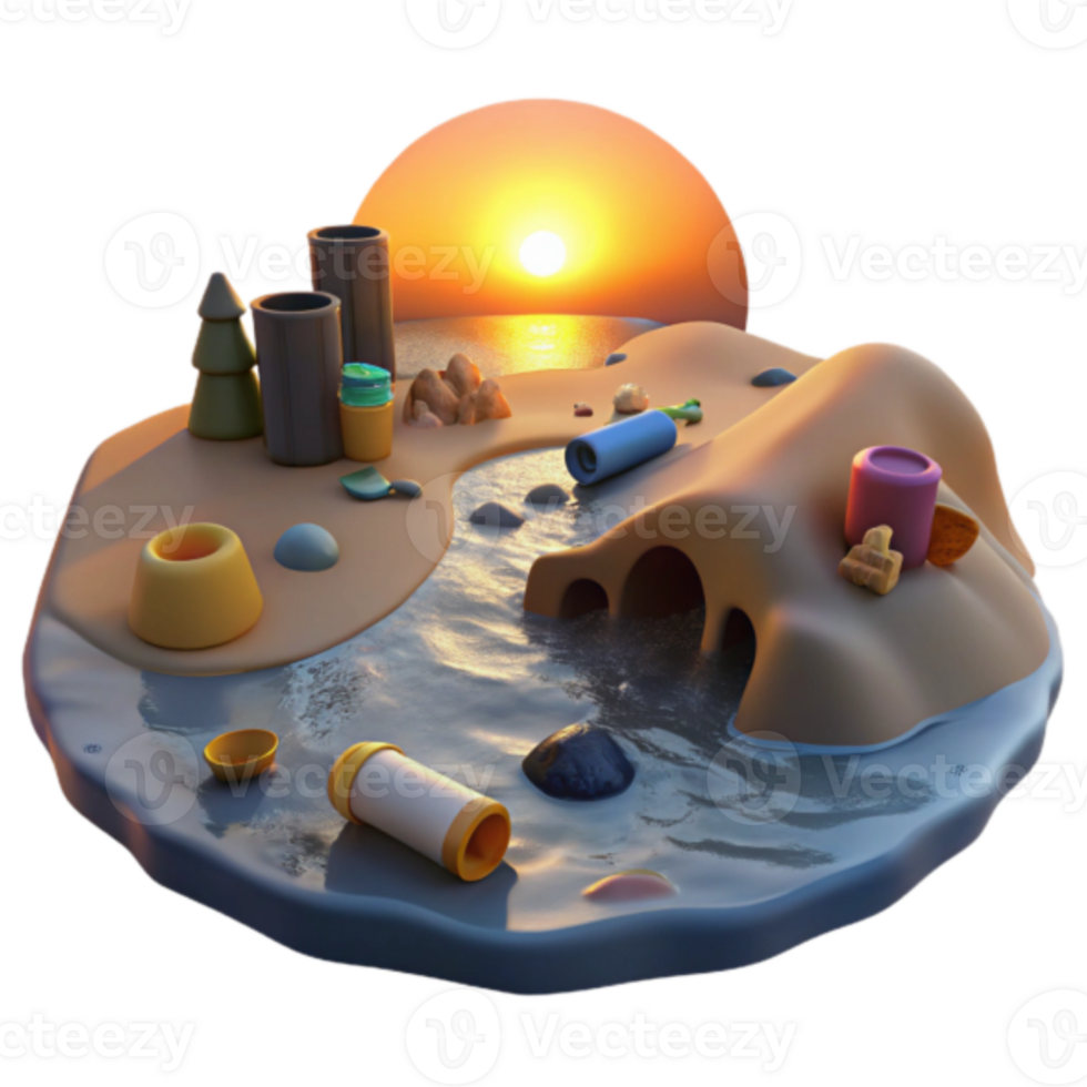 Sunset Beach Pollution Illustration Tiny Island Scene with Waste and Industrial Elements png
