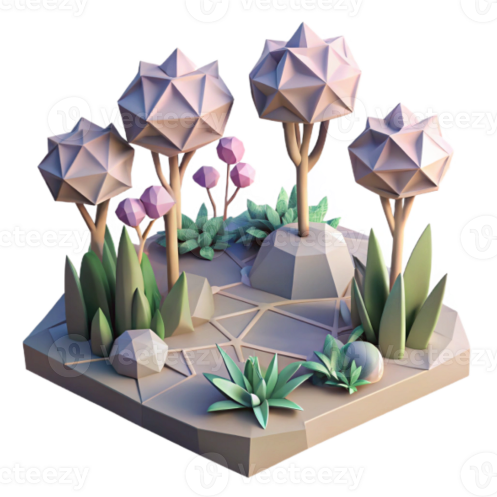 Low Poly 3D Render of a Miniature Garden Scene with Geometric Trees and Plants png