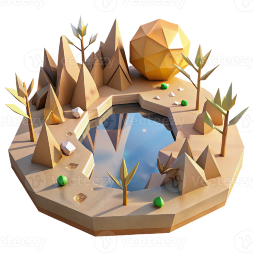 Low Poly 3D Island Scene with Pond and Mountains Illustration png